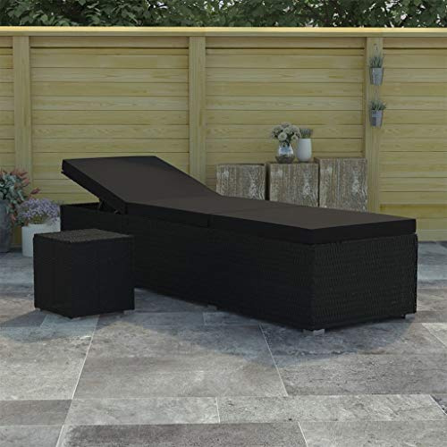mtlskopl 77 Black PE Rattan Sun Lounger Set w/Cushion & Tea Table, Adjustable Backrest, Weather-Resistant for Pool Patio Garden
