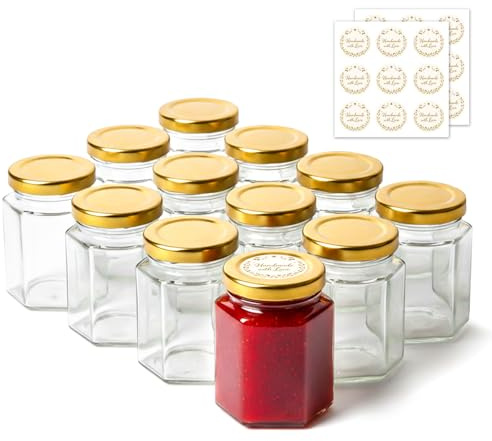 ComSaf Jam Jars with Gold Lids 120ml 12 Pack, Hexagonal Small Glass Jars | Airtight, Mini Honey Jars, Ready-to-Gift Labels for Wedding Favours, Homemade Jam, Chutney, Marmalade, Small Preserving Jar