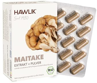HAWLIK Vitalpilze Bio Maitake Extrakt + Pulver Kapseln - 60 Kapseln im Blister - Mit Vitamin C - Extrakt & Pulver - Natürlicher Anbau - Vegan