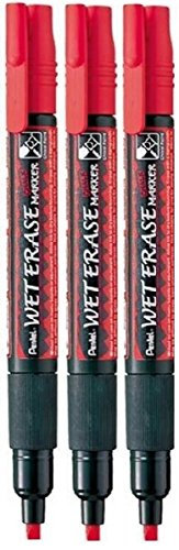 Pentel Red Wet Erase Chalk Marker Pens Metal Glass Plastic Stone Blackboard Chalkboard 4mm Chisel Nib With 1.5mm - 4mm Line Width SMW26-BO (Pack Of 3)