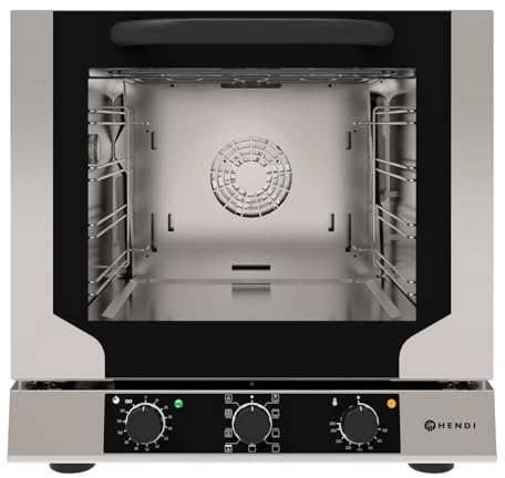 HENDI Multifunktionsofen, Compact, mit 4x Backbleche, mit 1 Lüfter, Temperaturbereich: bis 260°C, Überhitzungsschutz, Heißluftofen, Grillofen, Backofen, 230V/2600W, 590x709x(H)589mm, Edelstahl