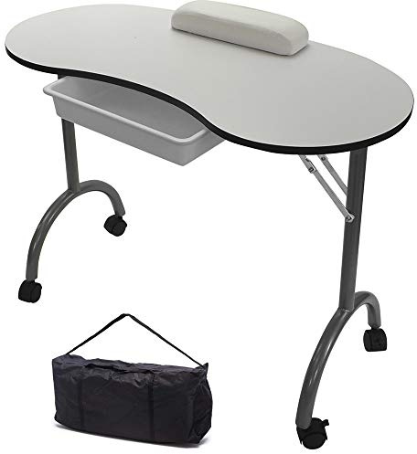 RayGar White Portable Foldable Mobile Manicure Nail Art Beauty Salon Table Desk with Pull Out Drawer Plus Wrist Rest Plus Carry Bag