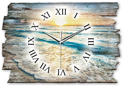 Kreative Feder Designer Wanduhr aus Holz Größe 40x27cm - Funkuhr im Landhaus-Stil Shabby-Style Made in Germany leise ohne Ticken (Sonnenuntergang am Meer, leises Funkuhrwerk)