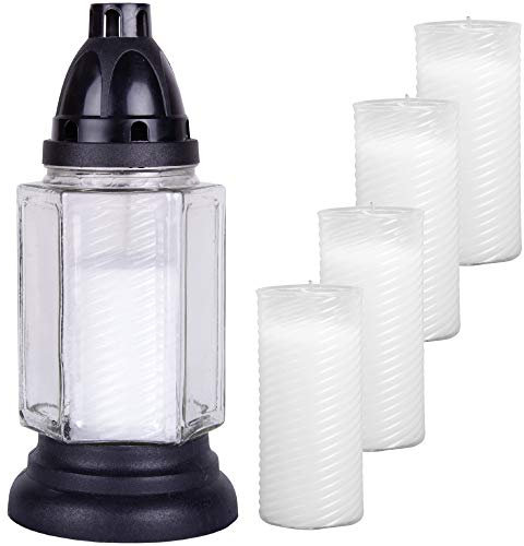 HS Candle Lampe funéraire en verre (blanc) env. 24 cm avec 5 bougies de recharge.