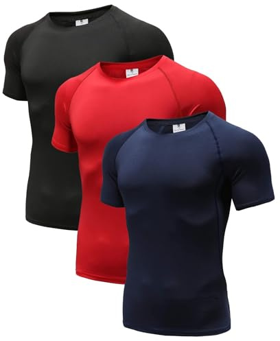 Holure herr kompression/lös passform t-shirt kortärmad sport baslager t-shirts coola torra toppar (paket med 1 eller 3), 3-pack (svart/marinblå/röd), L