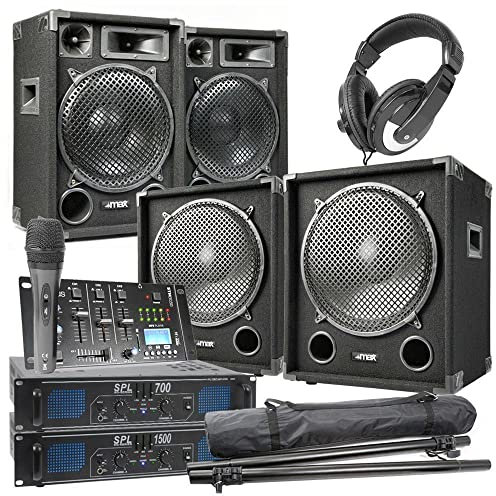 MAX-1215 - DJ Boxen Komplett Set Anfänger - 2200 Watt Peak - 2.2 DJ-Set - 2X Subwoofer, 2X Topteile, 2X Verstärker für Subs und Topteile, Tripod Stative, Kopfhörer, Mikrofon und DJ Mischpult