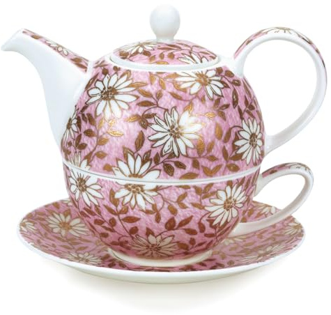 Nuovo Tea for One Service à thé – Tasse, soucoupe, théière – Rose et blanc – Feuilles en relief or 22 carats – 16,5 cm