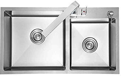 MYAOU Fregadero de Cocina de Doble tazón de 28 Pulgadas, fregaderos de Cocina de Acero Inoxidable con Montaje Inferior, tazón 2.0 con Juego de desagüe de Grifo y escurridor