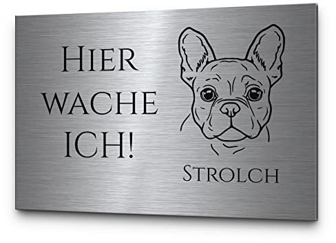 Vorsicht vor dem Hund Schild personalisierbar Französische Bulldogge Vorsicht Hund | Hochwertige Gravur auf Edelstahl rechteckig | Hinweisschild wetterfest ideal für draußen