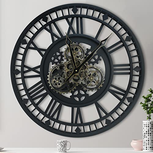 DORBOKER Große Wanduhr mit echten beweglichen Zahnrädern, übergroß, modern, industriell, Steampunk, Zahnrad, dekorativ, großes Metall-Skelett-Uhren für Studio, Zuhause, Bauernhaus, Büro, 60 cm
