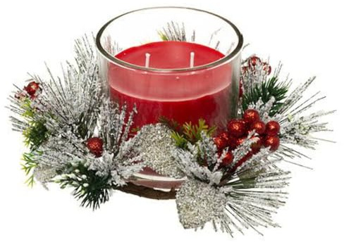 Feeric Christmas - Bougie Rouge parfumée Centre de Table Pot en Verre avec déco Feuillage 210 G