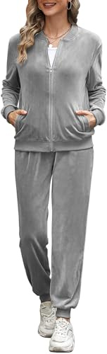 Irevial Tuta Casa Donna in Velluto Tuta da Ginnastica con Giacca Top Casual Abbigliamento Primavera Grigio M