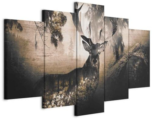 murando - Leinwandbild Hirsch Wald, 150x75 cm, 5-teilig, Schlafzimmer | Hochwertige Leinwand, sofort aufhängbar, ideal fürs Wohn- oder Schlafzimmer, wasserfest und lichtecht, langlebig, stilvoll