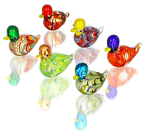 HDCRYSTALGIFTS 6pcs 1.5'' Mini Blown Glass Mandarin Ducks Figurines Collectible Art Glass Animal Miniature Figurines Home Garden Decorations (Colorful)