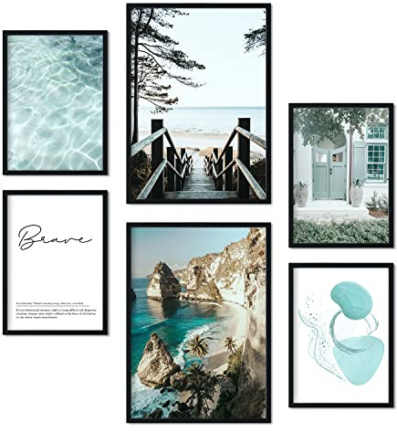 Nacnic - 6 Láminas Fotografía Agua Turquesa - Impresión Arte Mural Decoración Dormitorio Cabecero Salón - Playa, Relax, Paz - A3 y A4 - Sin marco