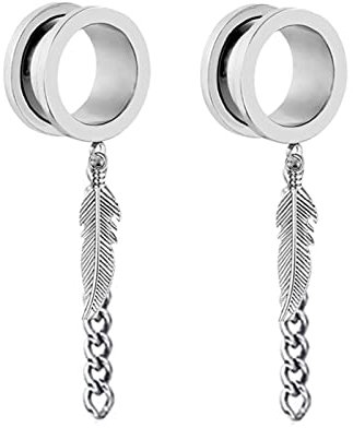 Gualiy 2 STK Flesh Tunnel Edelstahl 8mm, Ohrringe Tunnel mit Kette und Blatt Anhänger Silber Ohr Plug Damen