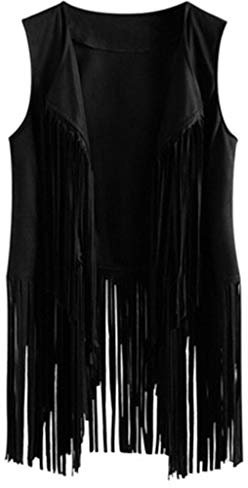 Reoyloep Gilet da Donna Hippie Senza Maniche in Ecopelle Vintage con Frange e Quaste, Nero, XXL