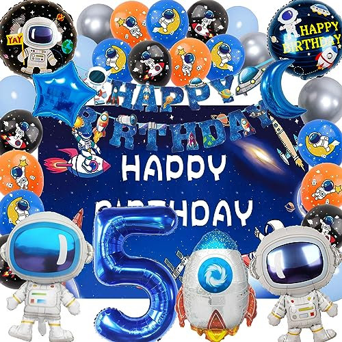 SWOKKTS Astronaut Geburtstag Deko 5 jahre, Kinder Weltraum Geburtstagsdeko, Astronauten Planet Rakete Weltall Luftballons Geburtstag Jungen Mädchen, Geburtstagsbanner und Hintergrund (Zahlenballon 5)