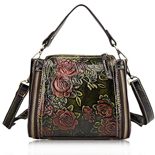 Karoukee Damen Vintage Schultertasche, Rindsleder Umhängetasche mit Geprägtem Blumenmuster, Designer Mode Handtasche für Frauen, Elegante Henkeltasche mit 2 Riemen in Verschiedenen Stilen