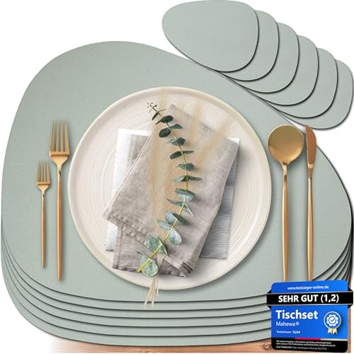 Lot de 6 sets de table premium en cuir synthétique Mahewa® - Sets de table lavables et imperméables - Sous-verre en aspect cuir (Vert sauge, Ovale)