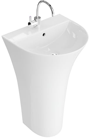 LAVITA Standwaschbecke Pera | Freistehendes Waschbecken Rund | Waschbecken mit Überlauf und Hahnloch | Aus hochwertigem Porzellan | Bodenstehende Waschtisch | 82,5x45,5x41,5 cm | Weiß Glanz