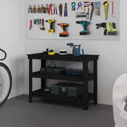 prissent Werkbank schwarz 110,5 x 50 x 80 cm aus massivem Kiefernholz Werkbank Holz Werkbank Arbeitstisch Arbeitstisch Arbeitstisch Garage Tisch Werkstatt Werkbank