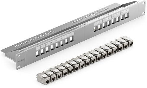 deleyCON SET 16 Ports CAT7 Panneau de Brassage Panneau de Distribution Modulaire 1 U Installation en Rack 19 + 16x Modules Keystone CAT 7 Réseau LAN RJ45 10 Gbit/s 600 MHz Câble D'installation Gris