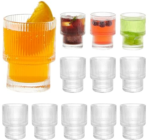 HIGSPE 200ml Vasos de Cristal Agua, 12pcs Vaso Acanalados, Apilables Vasos Cafe, Ondulados Estilo Origami Vintage, Juego de Vasos Agua para Cocktail, Cerveza, Batidos, Whisky
