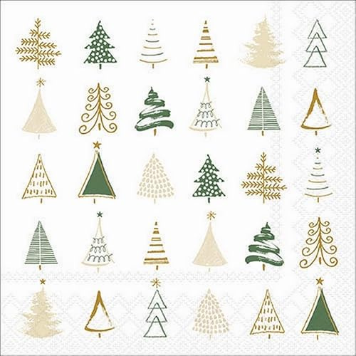 20 Servietten Winter Moderne Baumformen grün-gold als Tischdeko. Papierservietten mit Motiv. Auch für Decoupage und Serviettentechnik 33x33cm