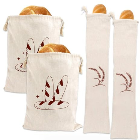 AIWMQYYF Reusable Linen Bread Bags, 4pcs Eco-friendly Machine Washable, Off-White Rectangular & Square Bags for Shopping, Kitchen, Restaurant, Camping
