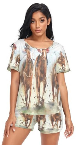 HMZXZ Damen Schlafanzug-Set Running Pferd Kunst Malerei Sommer Pyjama Woman Set,Tier Loungewear und Shorts Lounge Set Sleepwear Nachtwäsche