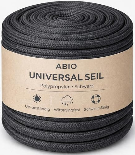 Abio Polypropylenseil 6mm 50m Schwarz – PP Seil, robuste Schnur, Wäscheleine, Maurerschnur, Zeltschnur, vielseitiges Outdoor Seil für Garten, Camping, Haushalt und DIY