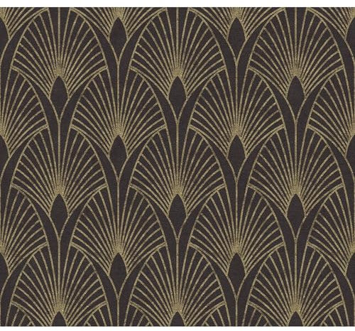 Vintage Vliestapete Wohnzimmer Mustertapete Art Deco Tapete Luxus Wandschutztapete Made in Germany (metallic schwarz gold, 10,05x0,53 m)