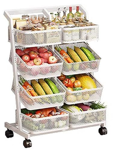 Carrello portafrutta e Verdura da Cucina con Ruote, Bianco, ripiano portaoggetti a 3/4 Livelli con cestini in Rete Rimovibili, espositore Mobile per Snack in Metallo (4 Livelli)