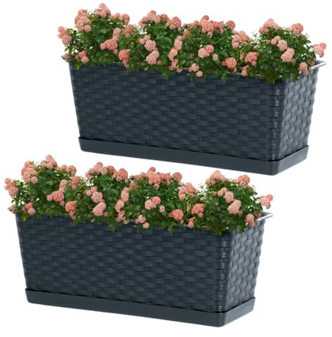 DTU24 2er Set Balkontopf mit Untersatz, Pflanzkasten, Balkonkasten mit Wasser Öffnungen, Blumenkasten für Rosen, Oleander, Rattan Imitation (2 Stück, 40cm, Anthrazit)