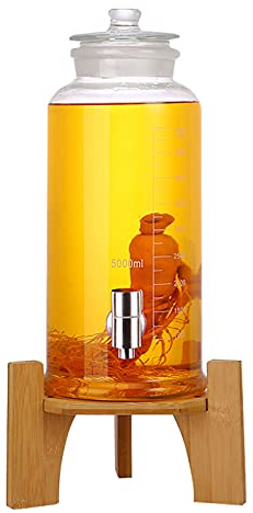 FHRKA Barattolo per distributori di Bevande con Rubinetto, distributore di Bevande in Vetro con Supporto e Coperchio, barile per Bevande in Vetro Resistente alle Alte Temperature (5L)