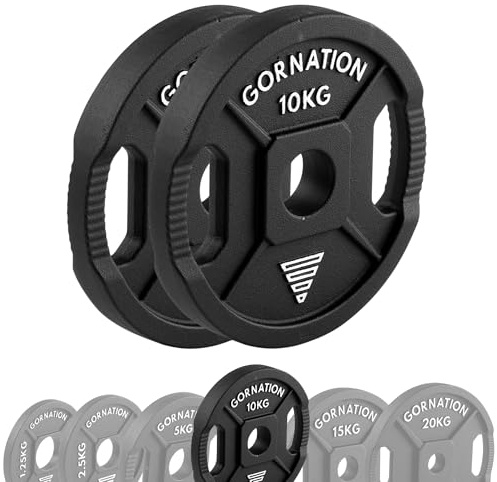 GORNATION Dischi Pesi 50mm in Ghisa, Dischi Olimpici per Bilanciere e Manubri, Weight Plates con Maniglie, Set Pesi per Allenamento Forza, Fitness e Calisthenics (1, 10kg)