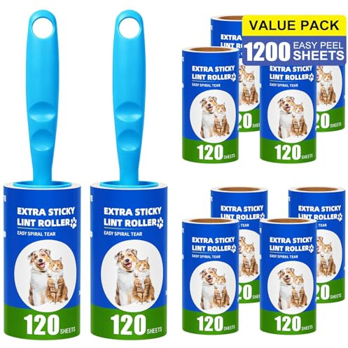 1200 Blad Limrulle Hårborttagare 10 Rullar med 2 Handtag, Super Limig Hårborttagare för Husdjur, Lintrulle för Kläder, Soffa, Säng, Katthår (120 Blad/Rulle)