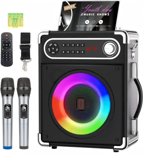 Karaoke Machine with 2 Wireless Microphones, Portable Bluetooth Speaker PA System, LED Lights, TF/USB/AUX/FM/TWS/REC, Perfect for Home Karaoke, Parties, Family Fun & Gifts for Adults and Kids | PA System, LED Lights, TF/USB/AUX/FM/TWS/REC, Perfect for Home Karaoke, Parties, Family Fun & Gifts for Adults and Kids