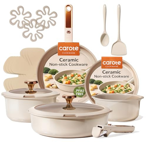 CAROTE 18Pcs Ceramic Cookware Set with Detachable Handle, Pots and Pans Set Non Stick, Non Toxic Cookware Set Removable Handles, Induction Kitchen Cookware Sets, Dishwasher/Oven Safe
