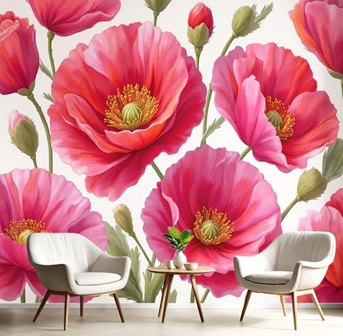 Carta Da Parati Acquerello Papavero 150Lx105A cm Wallpaper Carta da Parati Murale 3D, Pianta Fiori Fotomurali Moderni Per Soggiorno Camera da Letto, Decorazione 3D