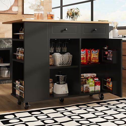 Generisch Isla de cocina con estante para copas de vino y porta aperitivos, carrito de comedor con vetas de madera, encimera plegable, ruedas de 360° y divisores ajustables para un almacenamiento