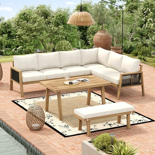 Dolamaní Gartenmöbel Set für 5-6 Personen, Akazie Holz und geflochtenes Seilhandwerk, Lounge-Set Sofa mit Tisch aus Holz, Inklusive Aller Sitz- und Rückenkissen (Natur + Creme)