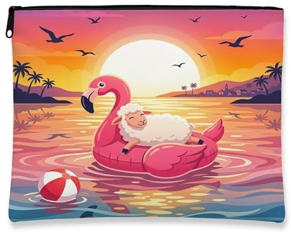 Funny Sheep Makeup Bag, Flamingos Lifebuoys Sea Cosmetic Travel Pouch for Women, Gifts for Girls, Animal Portable Small Canvas Zipper Organizer 7x9 Inch