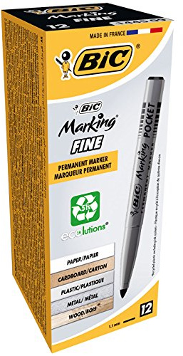 BIC Marking Fine ECOlutions Marqueurs Permanents à Pointe Conique Fine - Pour Carton, Plastique, Bois, Métal - Noir, Boîte de 12