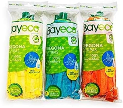 Bayeco - Fregona de Tiras 100% Microfibra - Con casquillo de goma - Gran capacidad de absorción - Mayor duración y resistencia - Efecto pulido - Lavable - 1 unidad