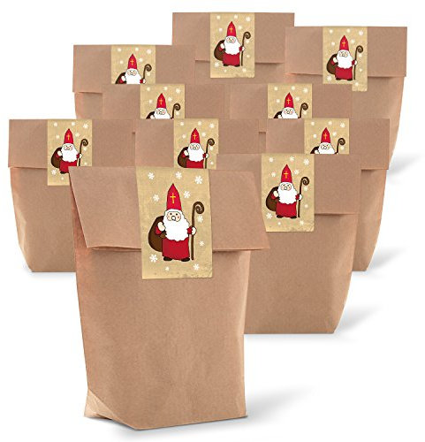 Kreuzbodenbeutel Nikolaus, 50 Stück: Geschenktüten, Weihnachtstüten Kraftpapier, Papiertüten zum Befüllen, Tüten für Lebensmittel & Geschenke, Geschenktüte Weihnachten mit Stickern, 14 x 22 x 5,5 cm