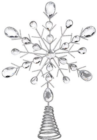 Estrella para árbol de Navidad, plateada y con purpurina, con cristales, de 32 cm