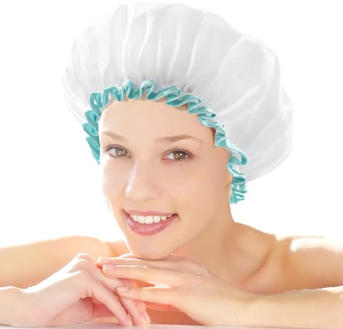 mikimini Reusable Shower Cap for Women Long Hair, Large 12 Inch, Double Layer Waterproof Elastic Band Bath Caps, Washable, Super Cute, White