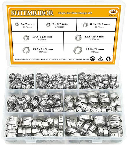 Sutemribor 304 Stainless Steel 7-21mm Single Ear Hose Clamps Assortment Kit, 128PCS